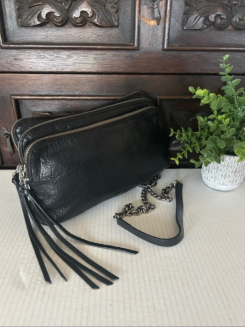 Treasure & Bond Black Leather triple -Zip Crossbody with Chain Tassel